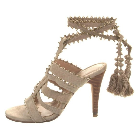 Ulla Johnson Sabine Heel wrap around heel fringe tassel tan beaded - Picture 1 of 11